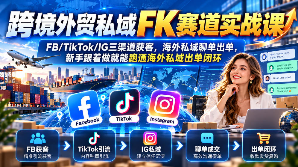 跨境外贸私域FK赛道实战课｜FB/TikTok/IG三渠道获客，海外私域聊单出单，新手跟着做就能跑通海外私域出单闭环-副业网创