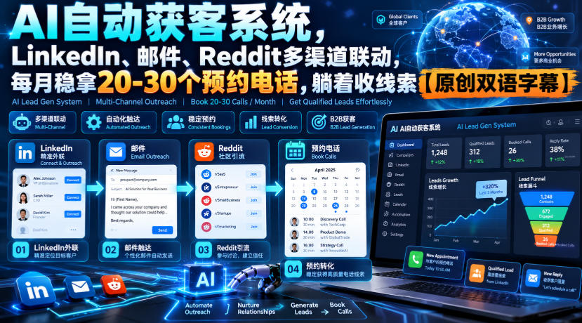 【无水印】AI自动获客系统，LinkedIn、邮件、Reddit多渠道联动，每月稳拿20-30个预约电话，躺着收线索【原创双语字幕】-副业网赚
