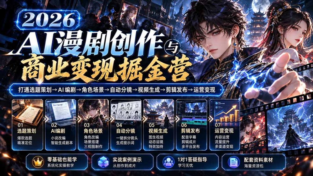 【无水印】2026AI漫剧创作与商业变现掘金营：打通选题→AI编剧→角色场景→自动分镜→视频生成→剪辑发布→运营变现-副业网创