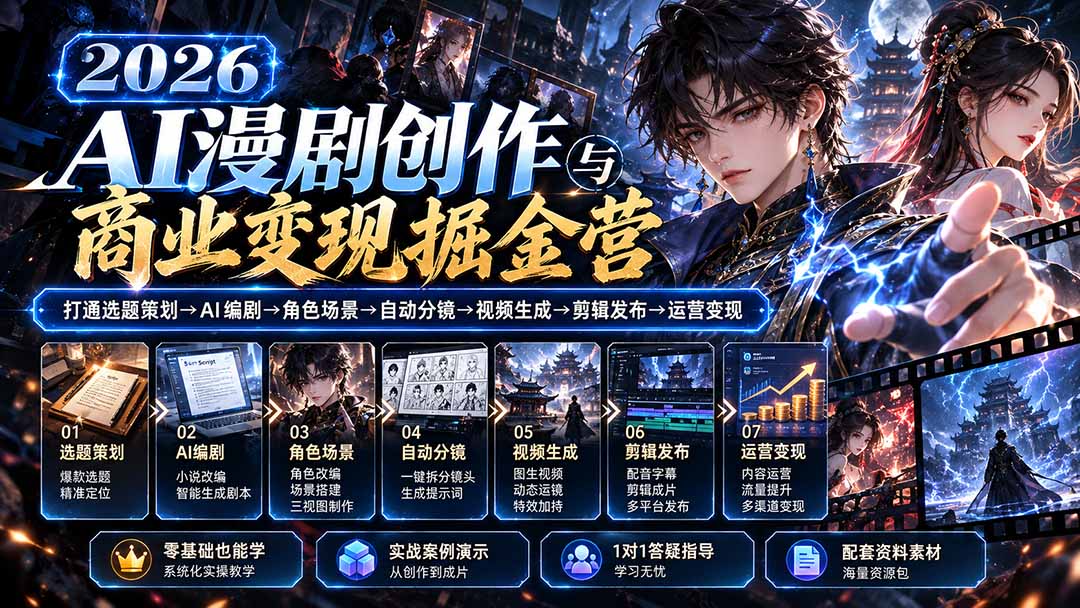【无水印】2026AI漫剧创作与商业变现掘金营：打通选题→AI编剧→角色场景→自动分镜→视频生成→剪辑发布→运营变现-副业网创