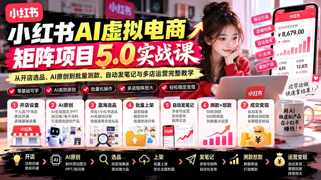 小红书AI虚拟电商矩阵5.0实战课：从开店选品、AI原创到批量测款、自动发笔记与多店运营完整教学-副业网赚