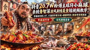 抖音20.7W粉博主旺仔小麻球亲授鲁智深古风剧情美食短视频教学,零基础也能上手,打通创作者分成+橱窗带货+收徒等变现渠道-副业网赚