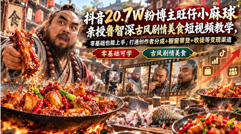抖音20.7W粉博主旺仔小麻球亲授鲁智深古风剧情美食短视频教学，零基础也能上手，打通创作者分成+橱窗带货+收徒等变现渠道-副业网赚