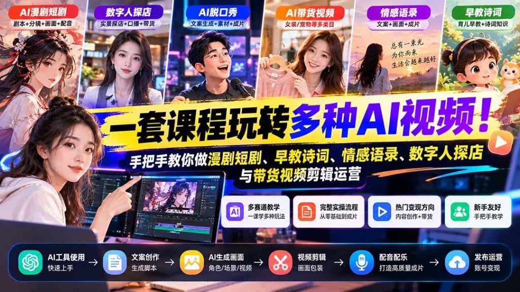 【无水印】一套课程玩转多种AI视频！手把手教你做漫剧短剧、早教诗词、情感语录、数字人探店与带货视频剪辑运营-副业网赚