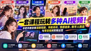 【无水印】一套课程玩转多种AI视频！手把手教你做漫剧短剧、早教诗词、情感语录、数字人探店与带货视频剪辑运营-副业网赚