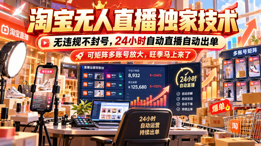 淘宝无人直播独家技术，无违规不封号，24小时自动直播自动出单，可矩阵多账号放大，旺季马上来了【揭秘】-副业网赚