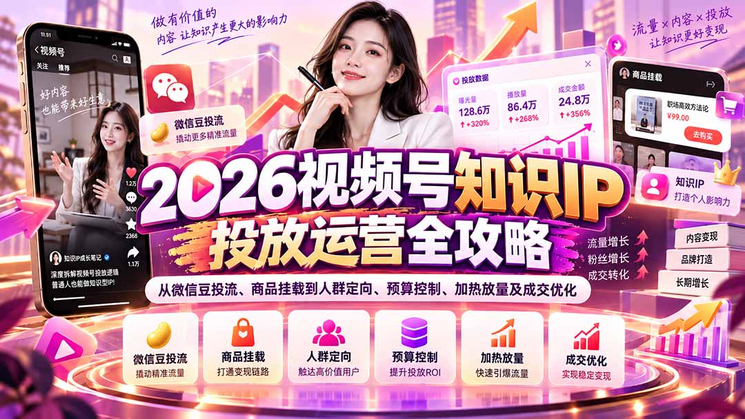 2026视频号知识IP投放运营全攻略：从微信豆投流、商品挂载到人群定向、预算控制、加热放量及成交优化-副业网创