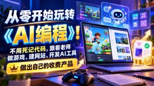 从零开始玩转《AI编程》！不用死记代码，跟着老师做游戏、建网站、开发AI工具，最后完成自己的收费产品-副业网赚