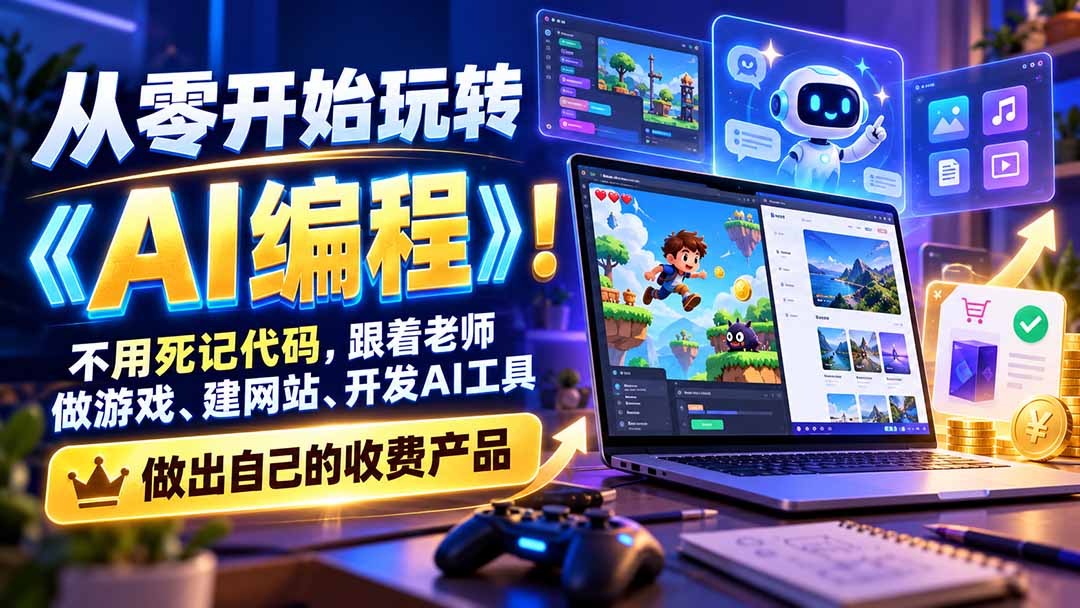从零开始玩转《AI编程》！不用死记代码，跟着老师做游戏、建网站、开发AI工具，最后完成自己的收费产品-副业网赚