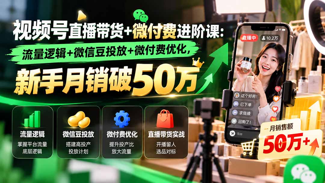视频号直播带货+微付费进阶课-更新1010：流量逻辑+微信豆投放+微付费优化，新手月销破50万-副业网创