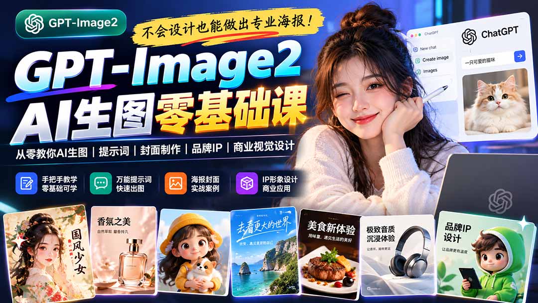 不会设计也能做出专业海报！GPT-Image2从零教你AI生图、提示词、封面制作、品牌IP与商业视觉设计-副业网创
