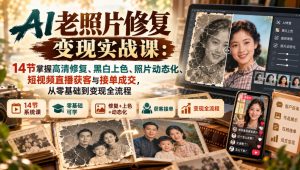 AI老照片修复变现实战课：14节掌握高清修复、黑白上色、照片动态化、短视频直播获客与接单成交，从零基础到变现全流程-副业网赚