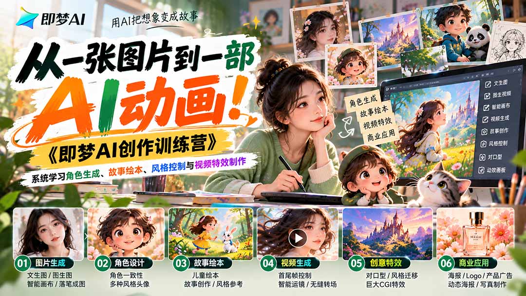 【无水印】从一张图片到一部AI动画!《即梦AI创作训练营》系统学习角色生成、故事绘本、风格控制与视频特效制作-副业网赚