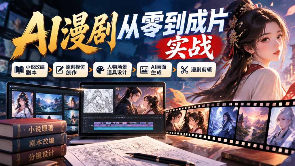 AI漫剧从零到成片实战：小说改编剧本、原创模仿创作、人物场景道具设计、AI画面生成与漫剧剪辑-副业网赚