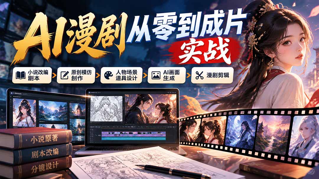 AI漫剧从零到成片实战:小说改编剧本、原创模仿创作、人物场景道具设计、AI画面生成与漫剧剪辑-副业网赚