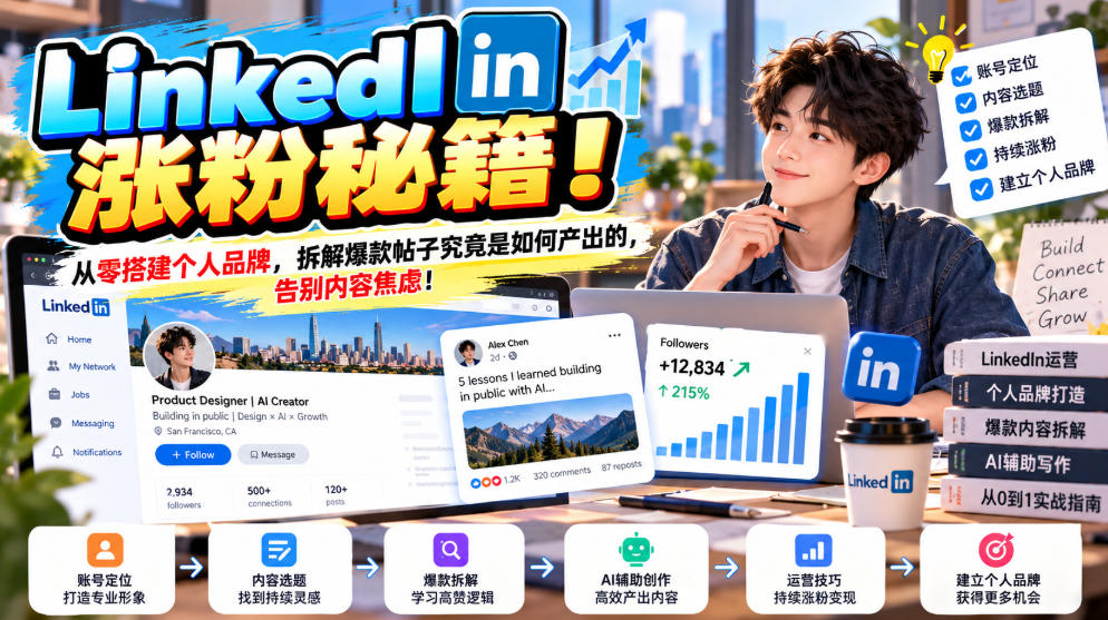 LinkedIn涨粉秘籍！从零搭建个人品牌，拆解爆款帖子究竟是如何产出的，告别内容焦虑！【原创双语字幕】-副业网赚