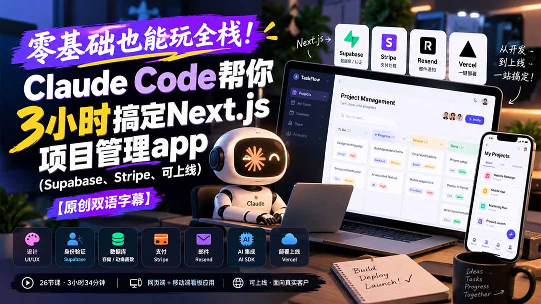 零基础也能玩全栈！Claude Code帮你3小时搞定Next.js项目管理app(Supabase、Stripe、可上线-副业网创