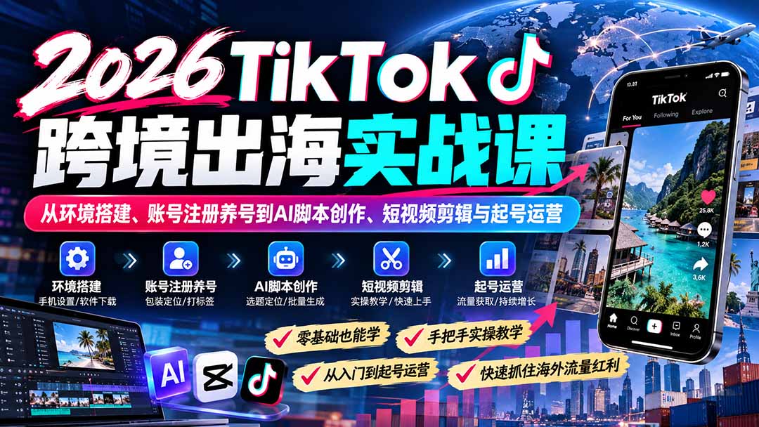 2026TikTok跨境出海实战课：从环境搭建、账号注册养号到AI脚本创作、短视频剪辑与起号运营-副业网赚