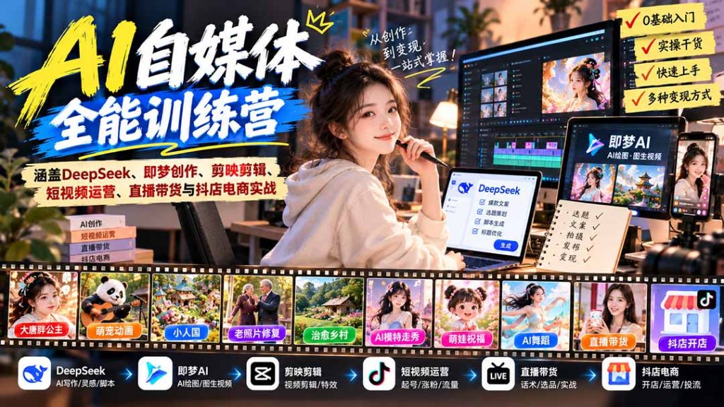 【无水印】AI+自媒体全能训练营：涵盖DeepSeek、即梦创作、剪映剪辑、短视频运营、直播带货与抖店电商实战-副业网赚