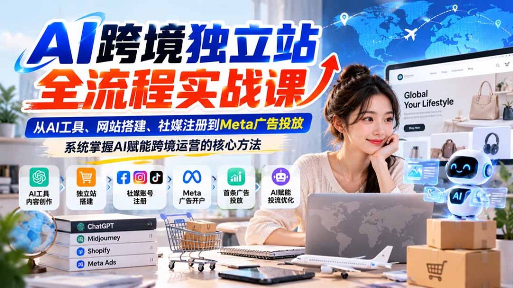 AI跨境独立站全流程实战课：从AI工具、网站搭建、社媒注册到Meta广告投放，系统掌握AI赋能跨境运营的核心方法-副业网赚