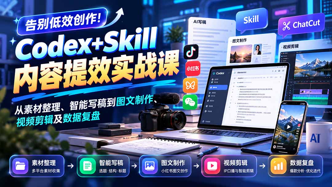 【无水印】告别低效创作！Codex+Skill内容提效实战课：从素材整理、智能写稿到图文制作、视频剪辑及数据复盘-副业网创
