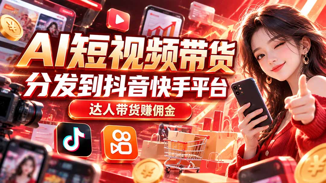 【AI短视频带货】分发到抖音快手平台，达人带货赚佣金-副业网创