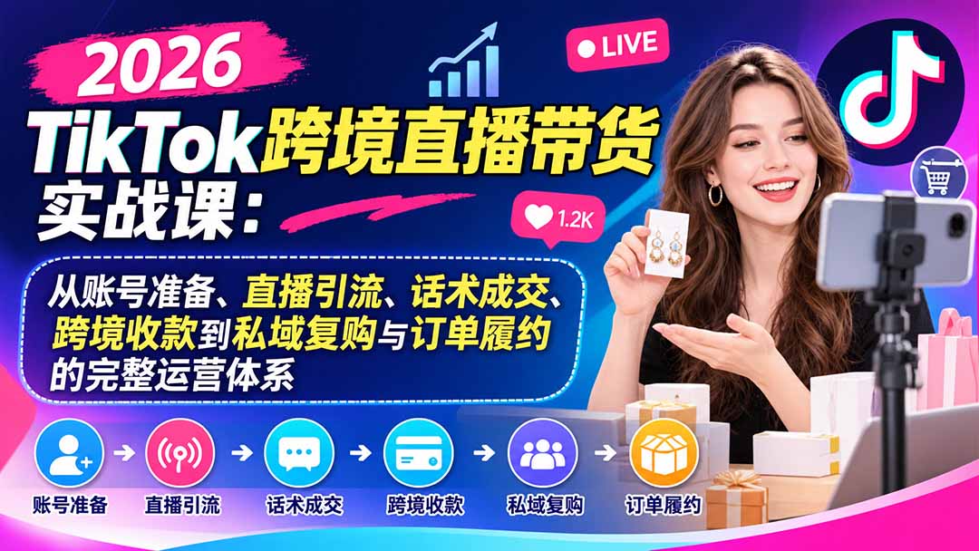 2026TikTok跨境直播带货实战课：从账号准备、直播引流、话术成交、跨境收款到私域复购与订单履约的完整运营体系-副业网创