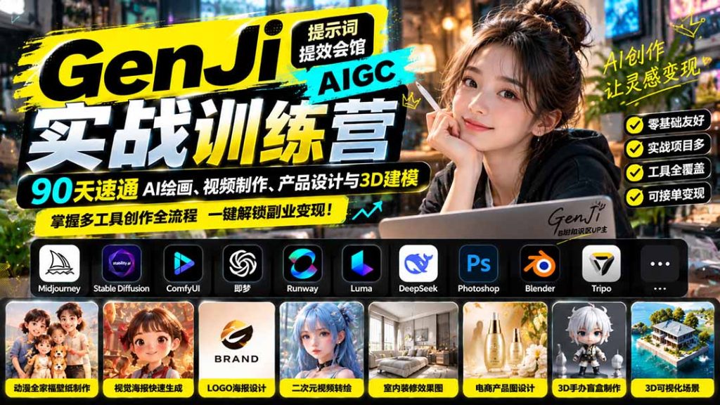 GenJi AIGC实战训练营：90天速通AI绘画、视频制作、产品设计与3D建模，掌握多工具创作全流程-副业网赚