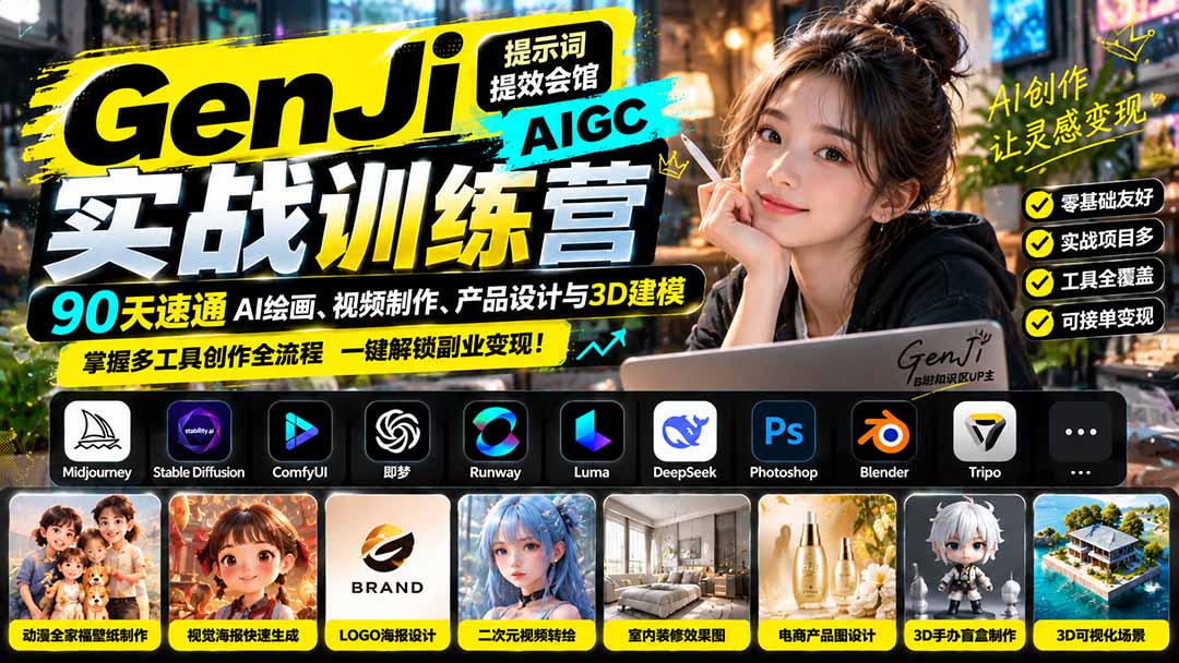 GenJi AIGC实战训练营：90天速通AI绘画、视频制作、产品设计与3D建模，掌握多工具创作全流程-副业网赚