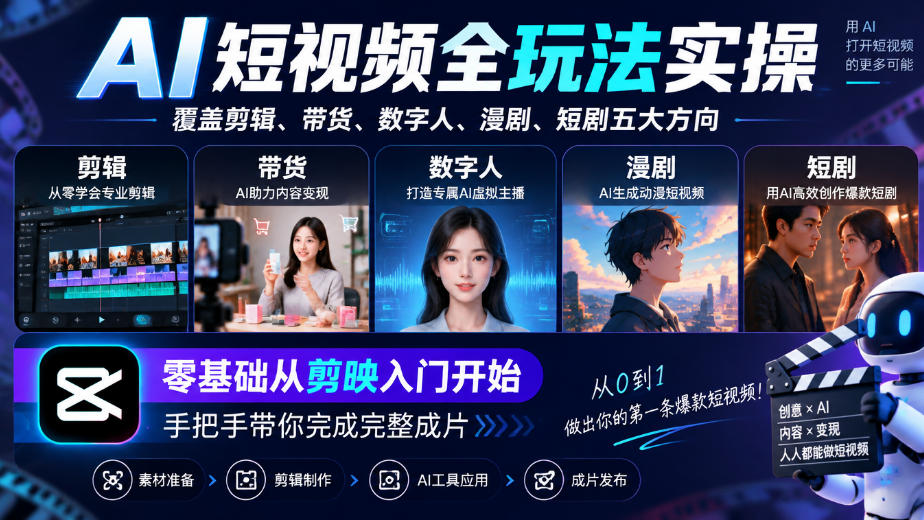 AI短视频全玩法实操，覆盖剪辑、带货、数字人、漫剧、短剧五大方向，零基础从剪映入门开始，手把手带你完成完整成片-副业网创