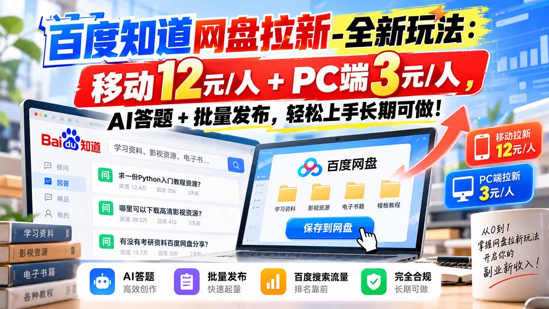 百度知道网盘拉新-全新玩法:移动12元/人+PC端3元/人,AI答题+批量发布,轻松上手长期可做!-副业网创