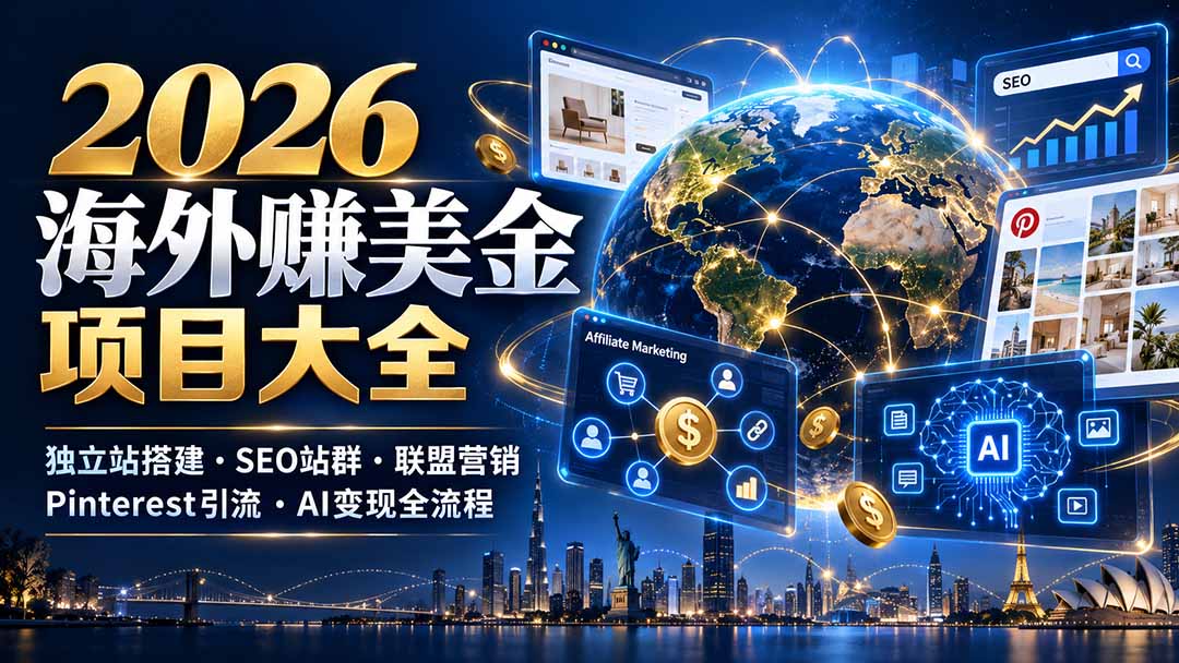 2026海外赚美金项目大全：独立站搭建、SEO站群、联盟营销、Pinterest引流与AI变现全流程-副业网赚