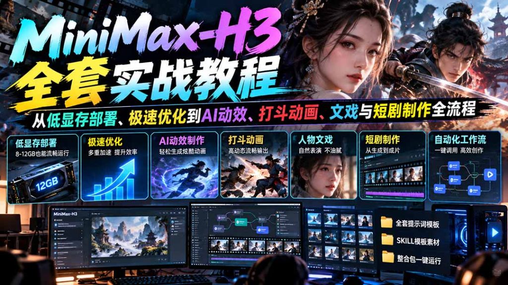 MiniMax-H3全套实战教程：从低显存部署、极速优化到AI动效、打斗动画、文戏与短剧制作全流程-副业网赚