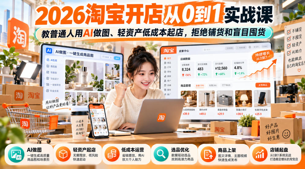 2026淘宝开店从0到1实战课，教普通人用AI做图、轻资产低成本起店，拒绝铺货和盲目囤货-副业网创
