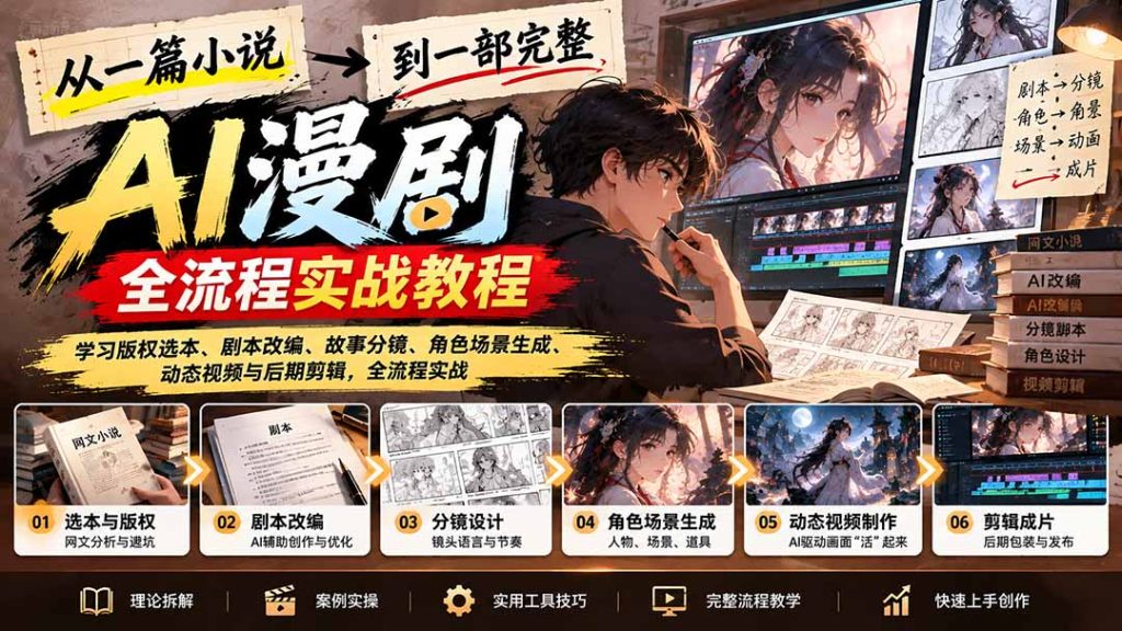 从一篇小说到一部完整AI漫剧：学习版权选本、剧本改编、故事分镜、角色场景生成、动态视频与后期剪辑-副业网赚