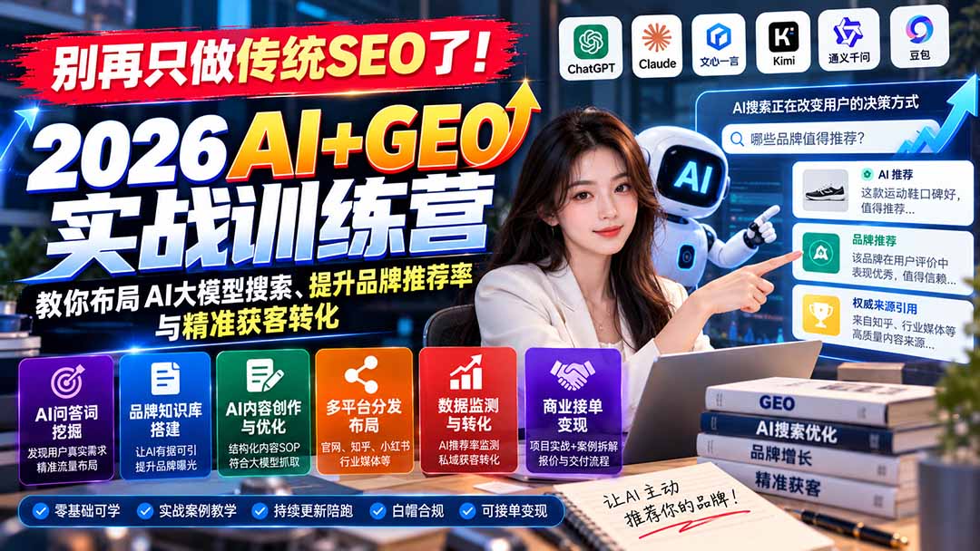 别再只做传统SEO了!《2026AI+GEO实战训练营》教你布局AI大模型搜索、提升品牌推荐率与精准获客转化-副业网赚
