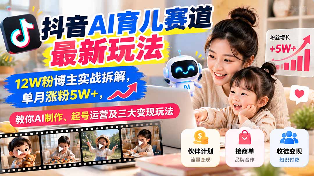 抖音AI育儿赛道最新玩法：12W粉博主实战拆解，单月涨粉5W+，教你AI制作、起号运营及三大变现玩法-副业网赚