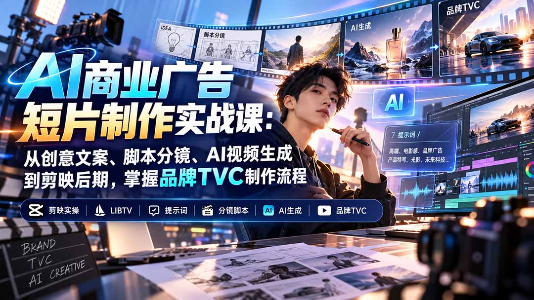AI商业广告短片制作实战课:从创意文案、脚本分镜、AI视频生成到剪映后期,掌握品牌TVC制作流程-副业网创