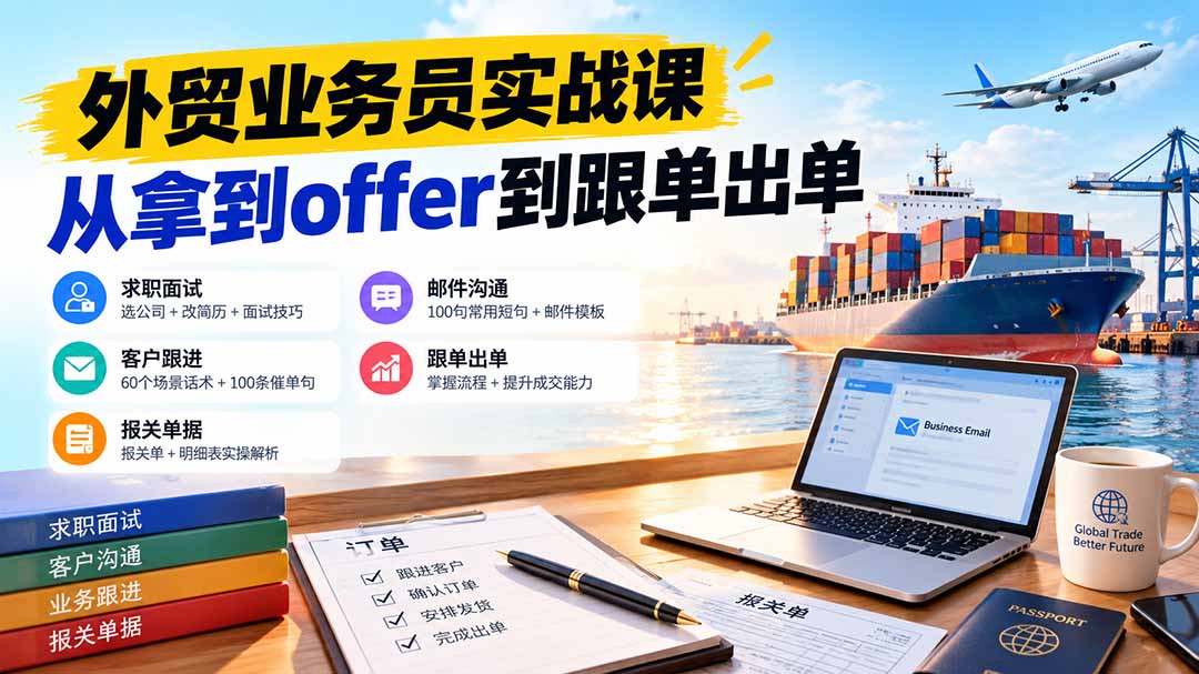 外贸业务员从求职到出单实战课：教你筛选优质公司、优化简历、应对面试、客户跟进催单及出口报关操作篇-副业网创