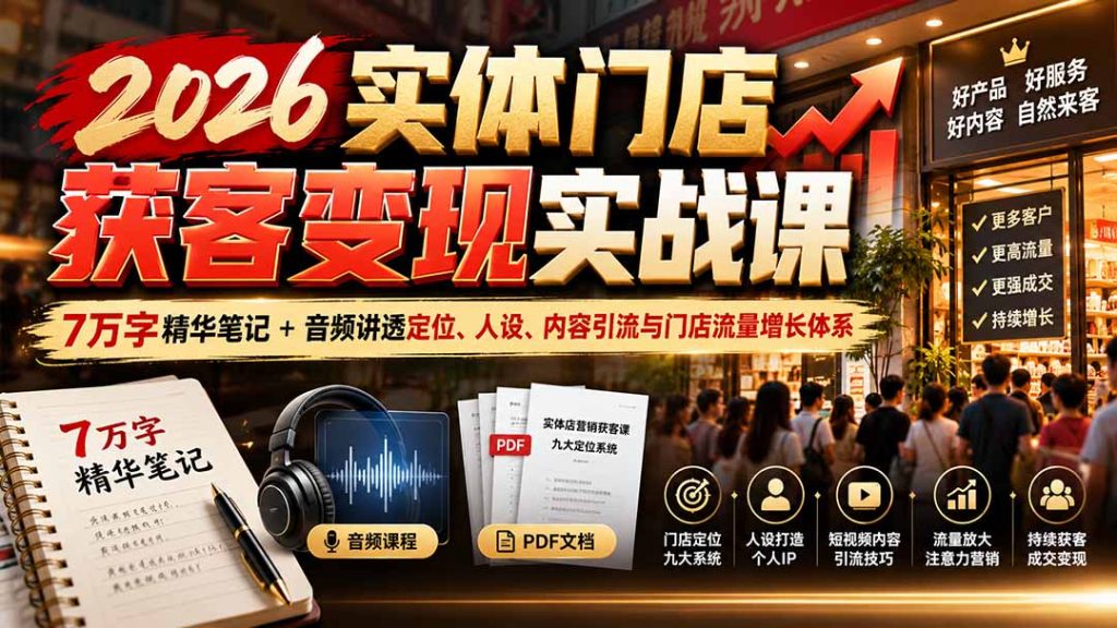 2026实体门店获客变现实战课：7万字精华笔记+音频讲透定位、人设、内容引流与门店流量增长体系-副业网创