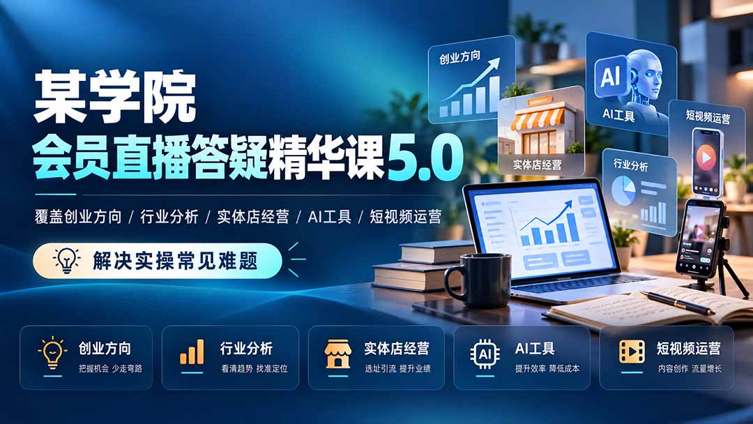 某学院会员直播答疑精华课5.0：覆盖创业方向、行业分析、实体店经营、AI工具和短视频运营，解决实操常见难题！-副业网赚
