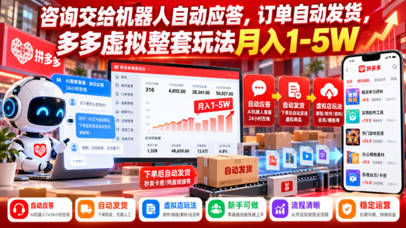 咨询交给机器人自动应答，订单自动发货，多多虚拟整套玩法月入1-5W【揭秘】-副业网创