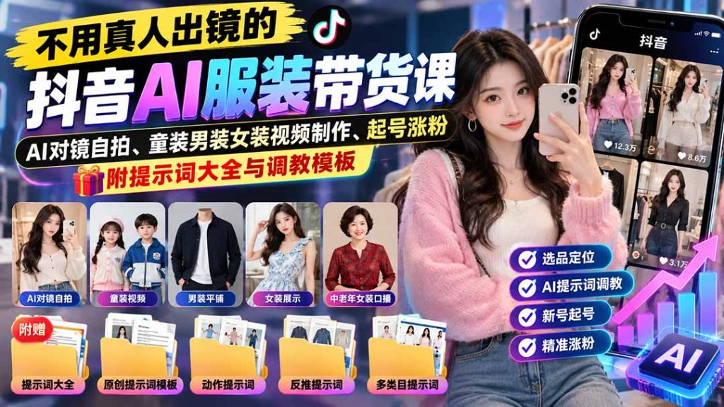 不用真人出镜的抖音AI服装带货课：AI对镜自拍、童装男装女装视频制作、起号涨粉，附提示词大全与调教模板-副业网创