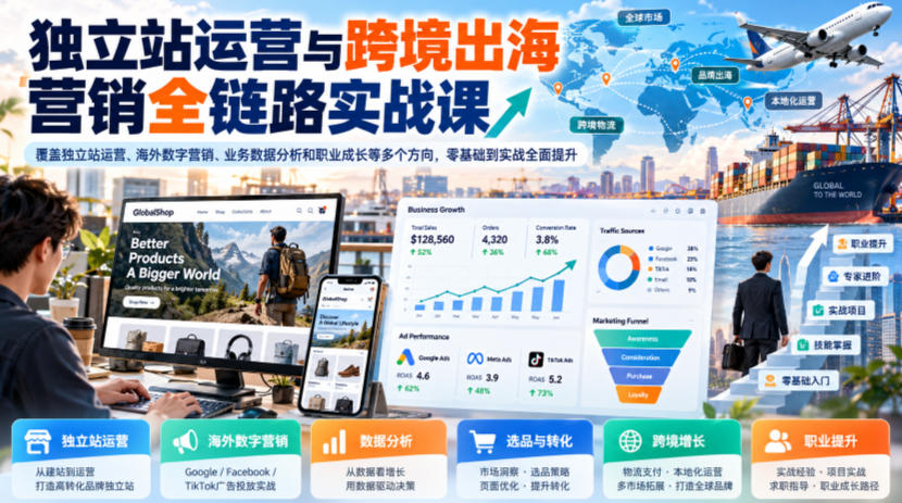 独立站运营与跨境出海营销全链路实战课，覆盖独立站运营、海外数字营销、业务数据分析和职业成长等多个方向，零基础到实战全面提升-副业网创