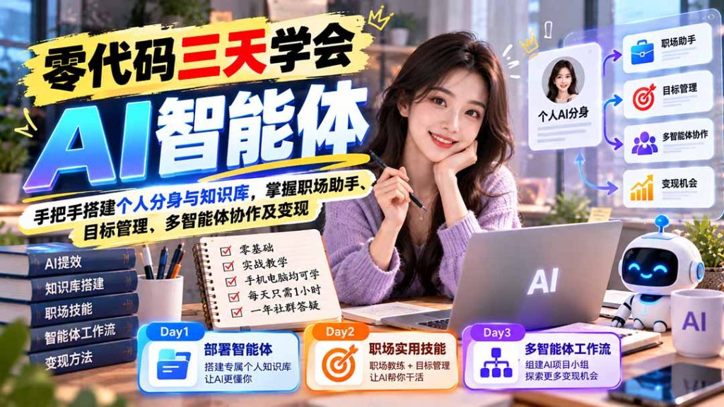 【无水印】零代码三天学会AI智能体：手把手搭建个人分身与知识库，掌握职场助手、目标管理、多智能体协作及变现-副业网创