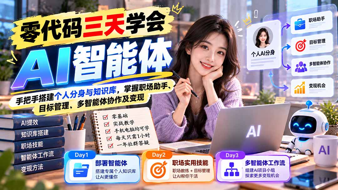 【无水印】零代码三天学会AI智能体：手把手搭建个人分身与知识库，掌握职场助手、目标管理、多智能体协作及变现-副业网创