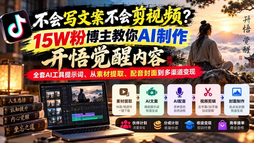 不会写文案不会剪视频？15W粉博主教你AI制作开悟觉醒内容，全套AI工具提示词、从素材提取、配音封面到多渠道变现-副业网赚
