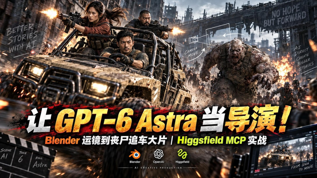 让GPT-6 Astra当导演！Blender运镜到丧尸追车大片｜Higgsfield MCP实战-副业网创