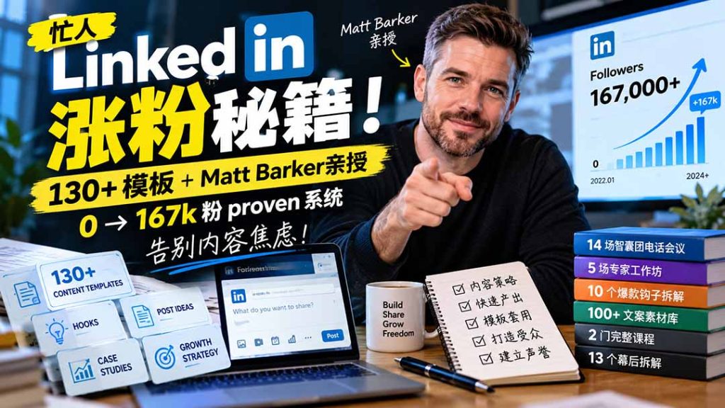 【无水印】忙人LinkedI 涨粉秘籍！130+模板+Matt Barker亲授：0→167k粉proven系统，告别内容焦虑【原创双语字幕】-副业网赚