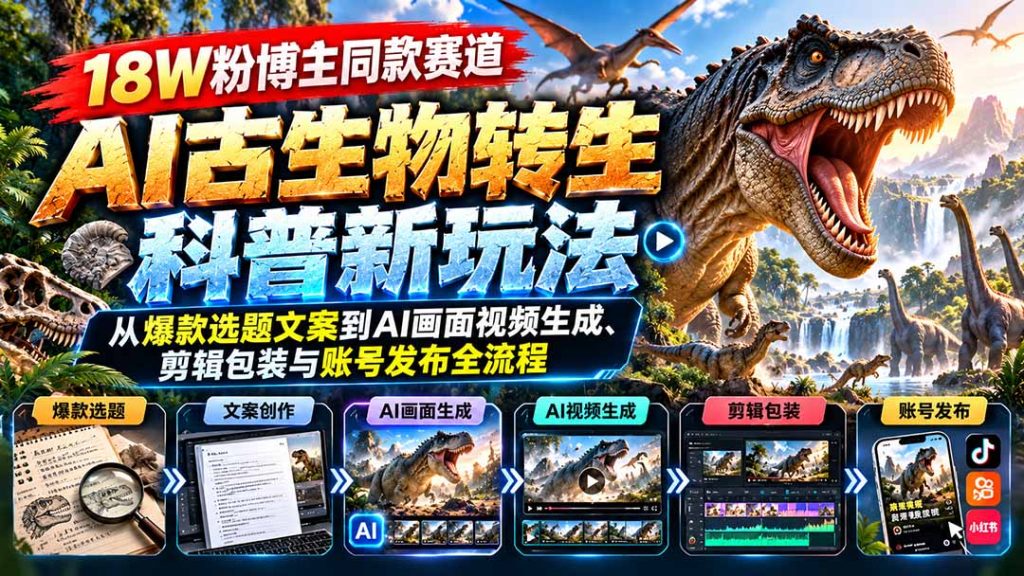 18W粉博主同款赛道-AI古生物转生科普新玩法：从爆款选题文案到AI画面视频生成、剪辑包装与账号发布全流程-副业网创